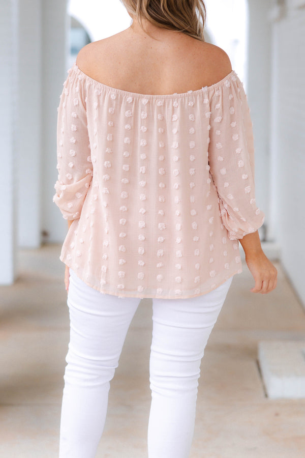 Chic Soul plus size clothing, peach colored off the shoulder swiss dotted top