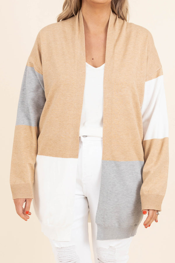 Chic Soul plus size clothing, oatmeal and gray color block design cardigan
