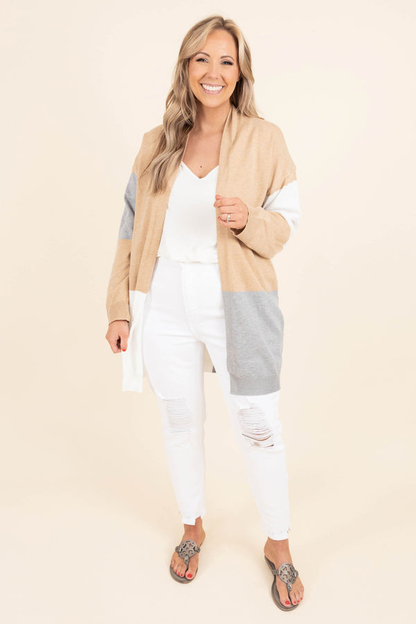 Chic Soul plus size clothing, oatmeal and gray color block design cardigan