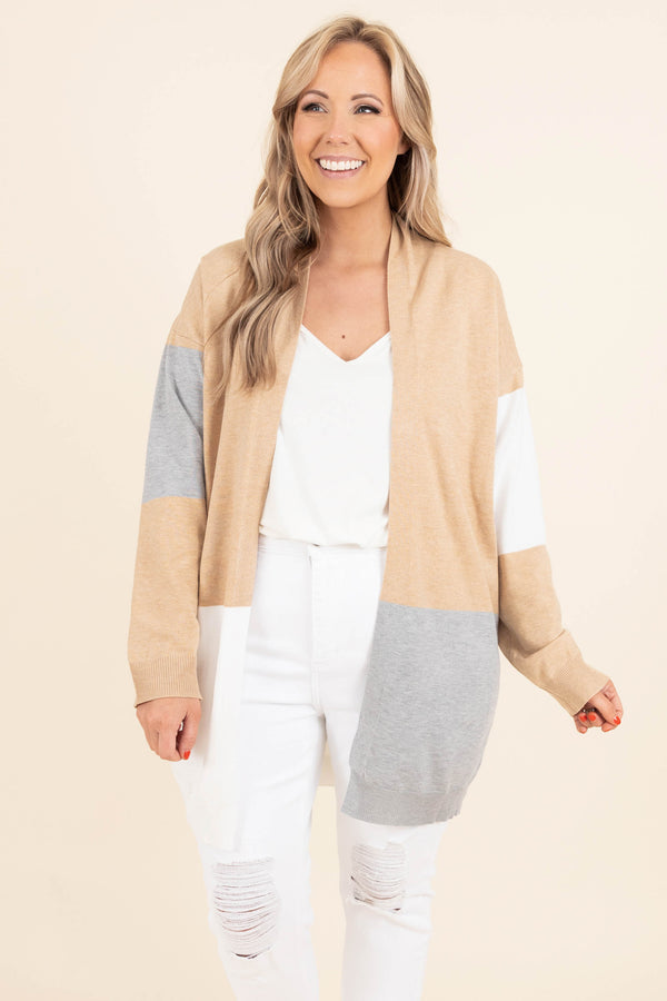 Chic Soul plus size clothing, oatmeal and gray color block design cardigan