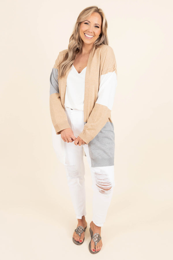 Chic Soul plus size clothing, oatmeal and gray color block design cardigan