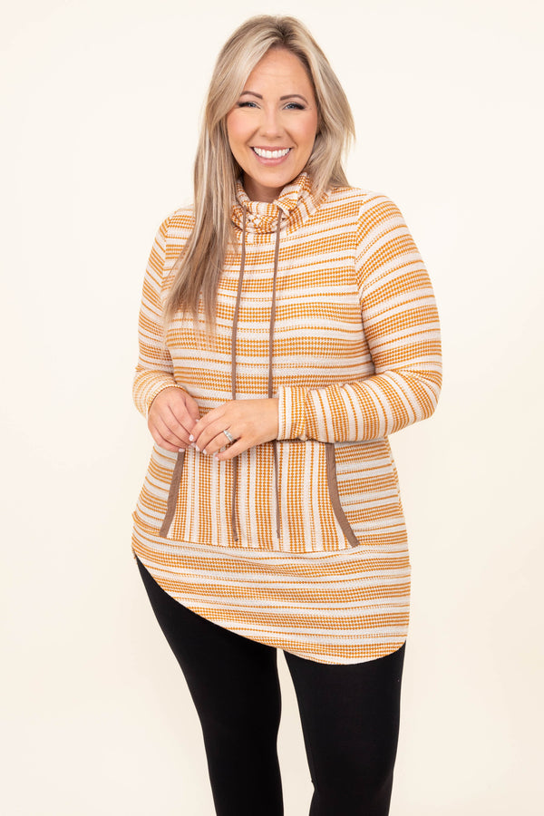 Chic Soul plus size clothing, mustard and white stripe hoodie
