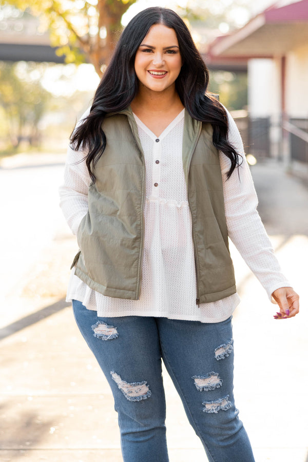 Chic Soul plus size clothing, olive puffer vest 