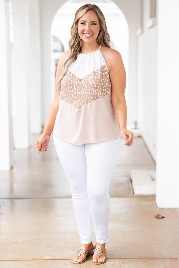 Chic Soul plus size clothing, halter top with multi color tan