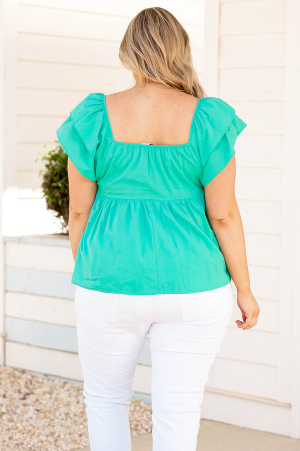 Chic Soul plus size clothing, emerald green solid short flutter sleeve casual babydoll top