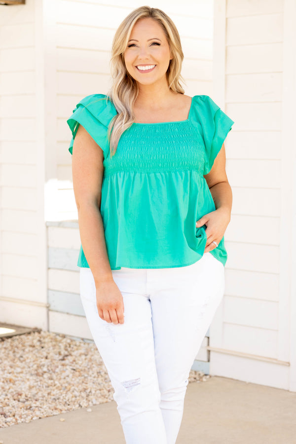 Chic Soul plus size clothing, emerald green solid short flutter sleeve casual babydoll top