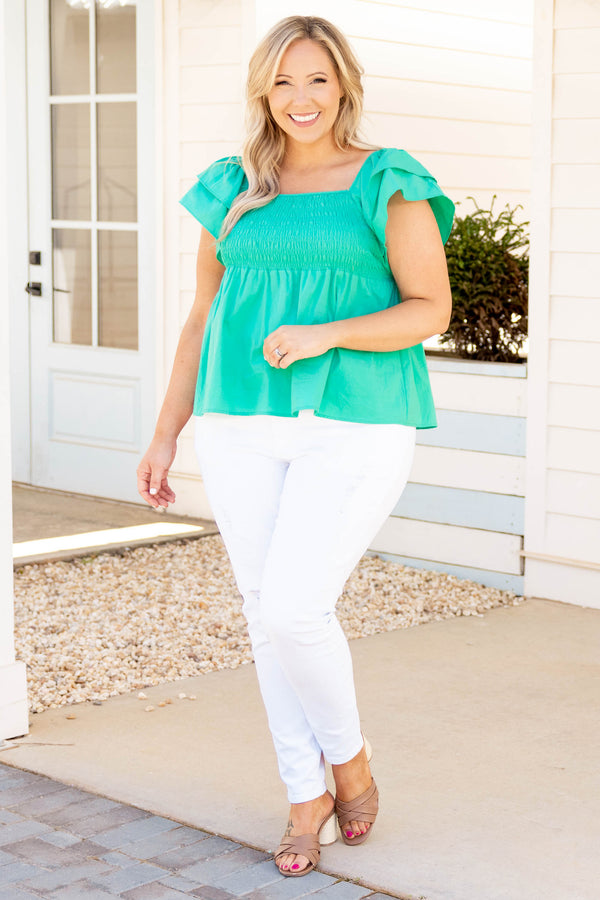 Chic Soul plus size clothing, emerald green solid short flutter sleeve casual babydoll top