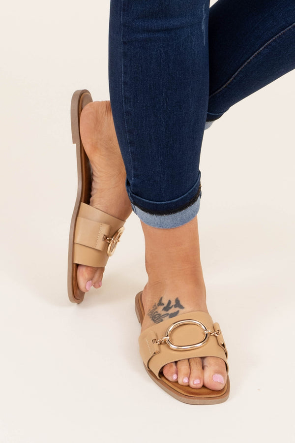 Chic Soul plus size clothing, tan slip on sandals with gold buckle on top