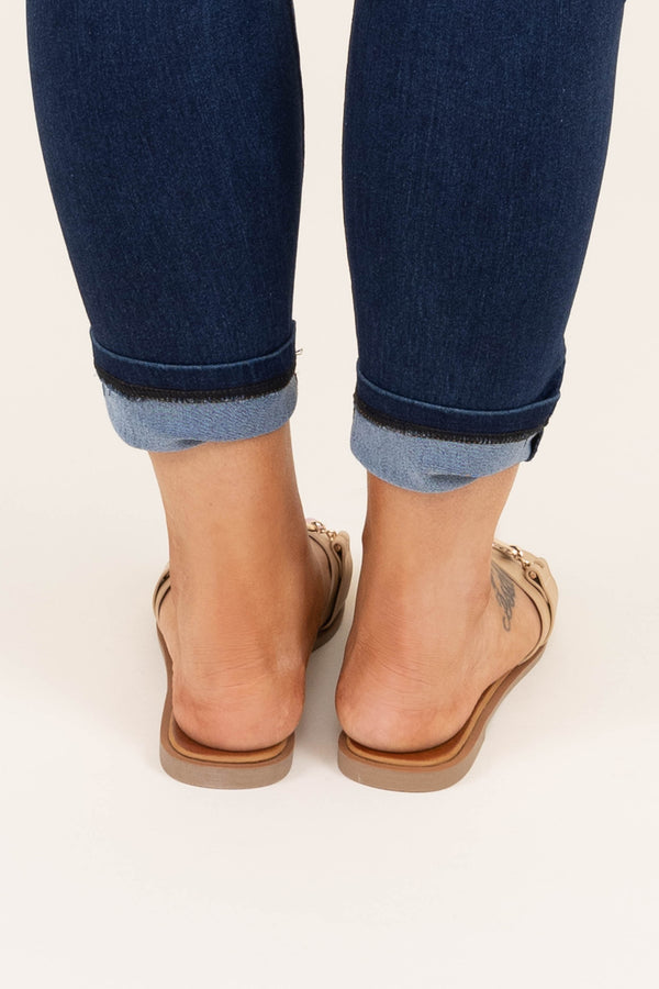 Chic Soul plus size clothing, tan slip on sandals with gold buckle on top