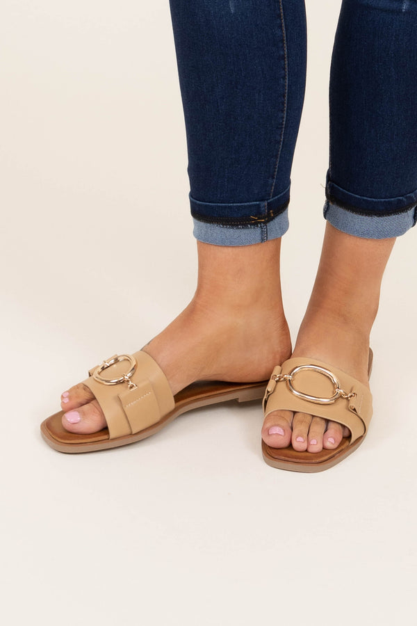 Chic Soul plus size clothing, tan slip on sandals with gold buckle on top