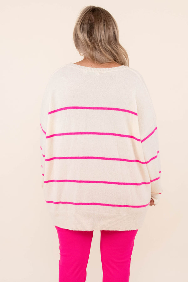 Chic Soul plus size clothing, white sweater with hot pink horizontal stripes and long sleeves