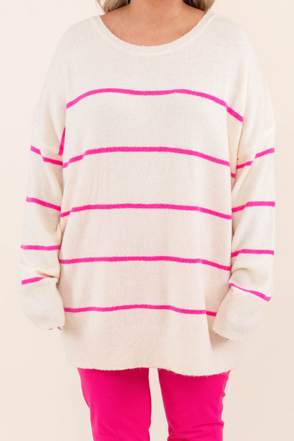Chic Soul plus size clothing, white sweater with hot pink horizontal stripes and long sleeves