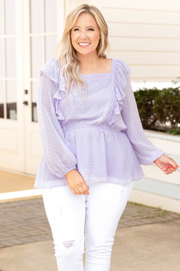 Chic Soul plus size clothing, purple bubble sleeve swiss dot style blouse 