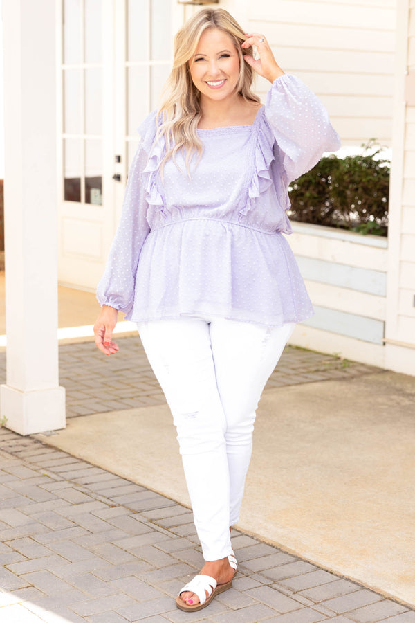 Chic Soul plus size clothing, purple bubble sleeve swiss dot style blouse 