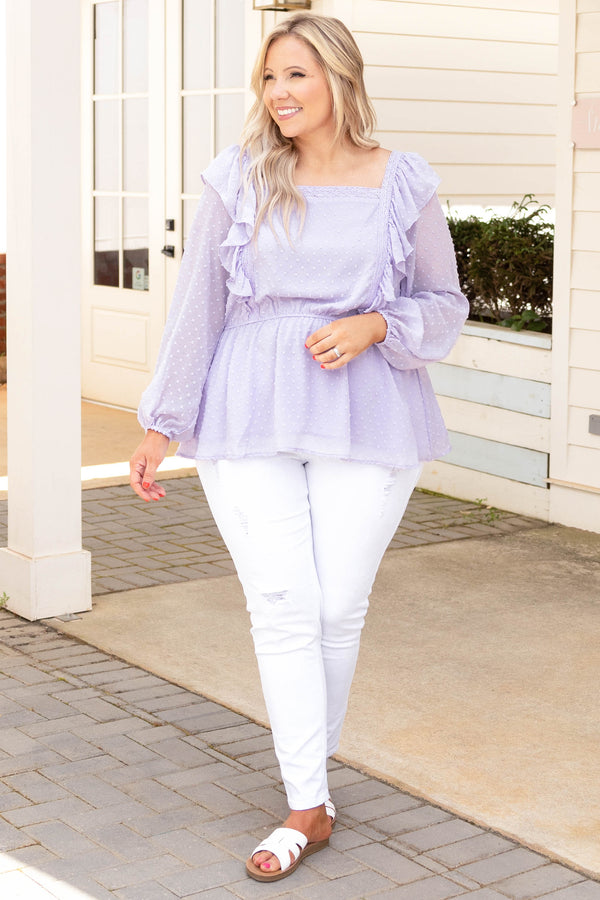 Chic Soul plus size clothing, purple bubble sleeve swiss dot style blouse 