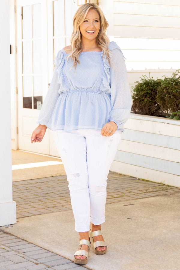 Chic Soul plus size clothing, light blue swiss dotted top with square neckline, ruffle details, and elastic waistband