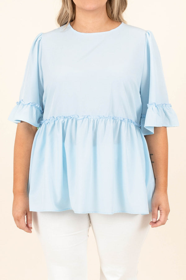 Chic Soul plus size clothing, light blue short bubble flutter sleeve babydoll top