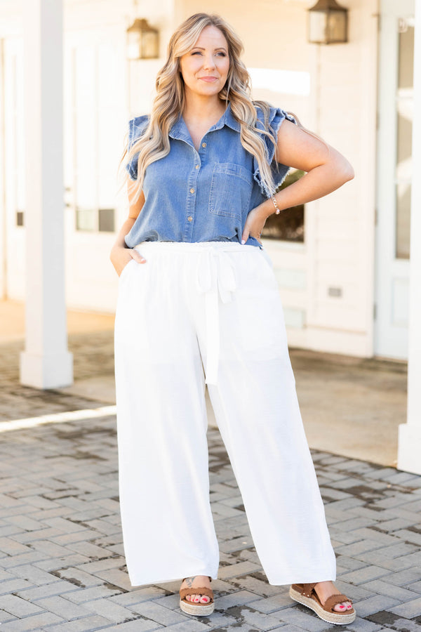 Chic Soul plus size clothing, off white flowy wide leg pants with waist tie