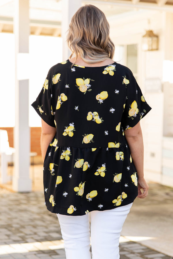 Chic Soul plus size clothing, black babydoll style top with lemon floral print