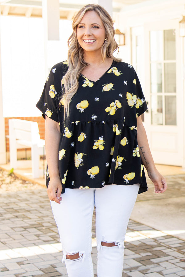 Chic Soul plus size clothing, black babydoll style top with lemon floral print
