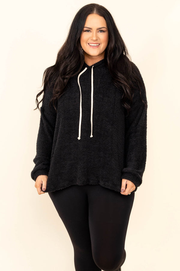 Plus Size black fuzzy hoodie with white drawstrings and a relaxed fit.