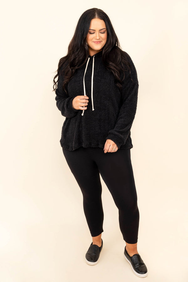 Plus Size black fuzzy hoodie with white drawstrings and a relaxed fit.