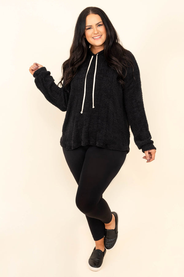 Plus Size black fuzzy hoodie with white drawstrings and a relaxed fit.