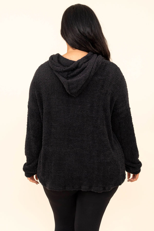 Plus Size black fuzzy hoodie with white drawstrings and a relaxed fit.