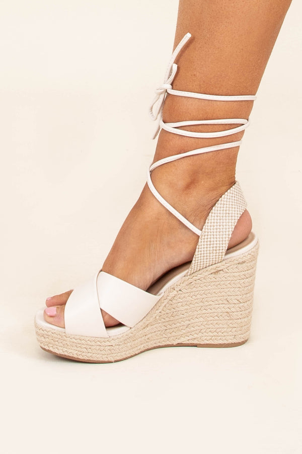 Chic Soul plus size clothing, white dual strap wedge sandals tie around ankle