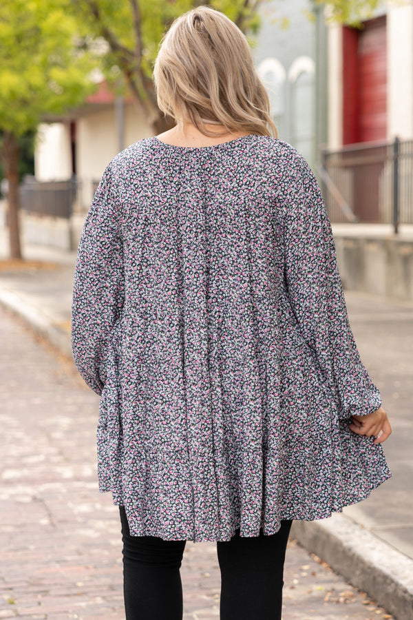 Chic Soul plus size clothing, navy floral long sleeve tunic