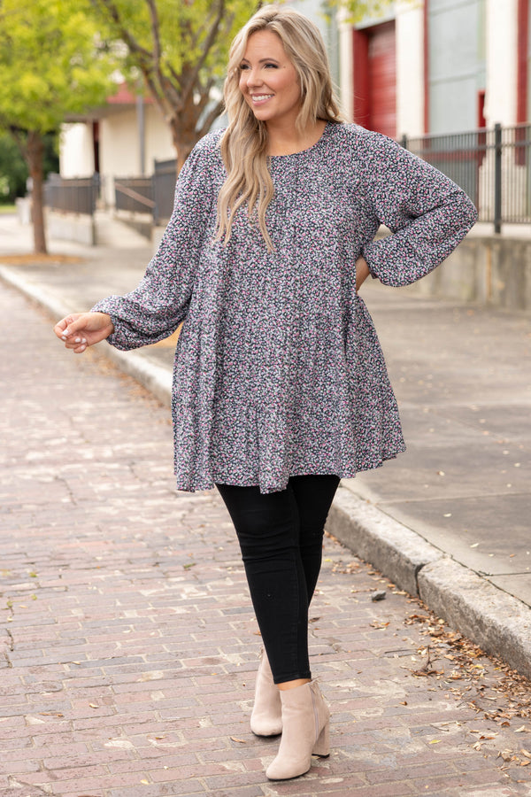Chic Soul plus size clothing, navy floral long sleeve tunic