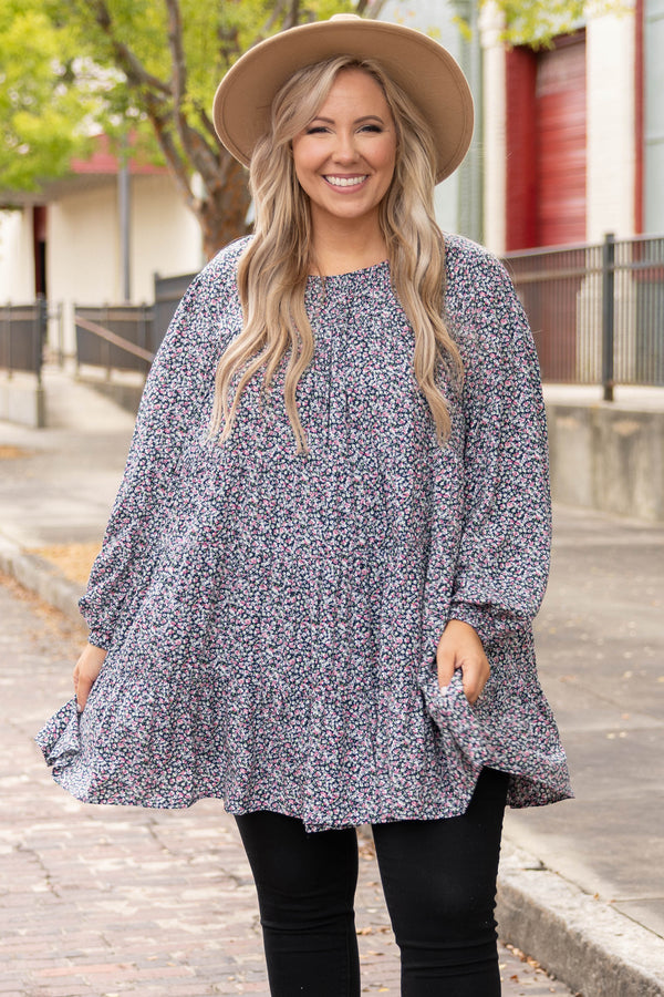 Chic Soul plus size clothing, navy floral long sleeve tunic