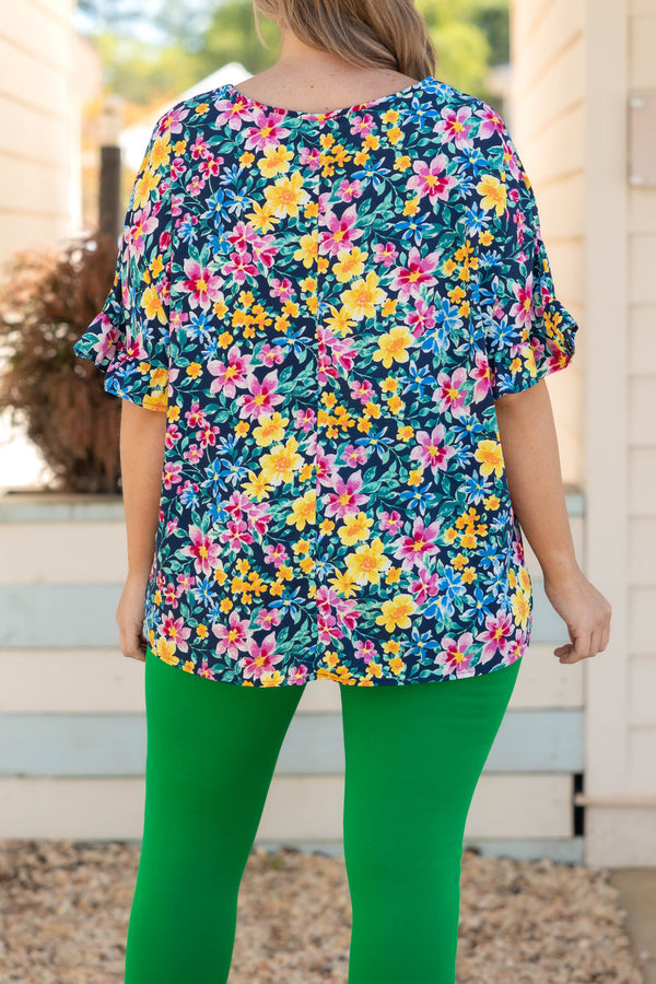 Chic Soul plus size clothing, navy floral pattern top with ruffle sleeves