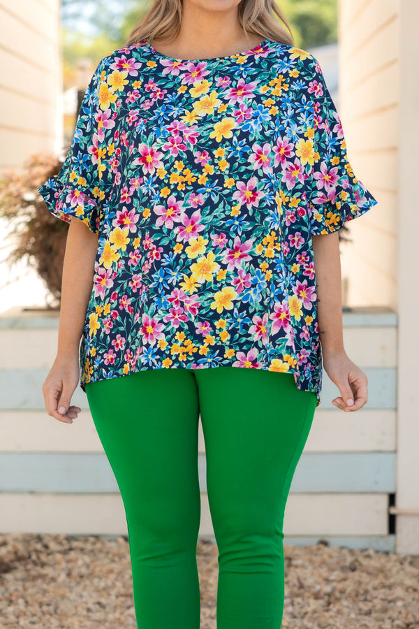 Chic Soul plus size clothing, navy floral pattern top with ruffle sleeves