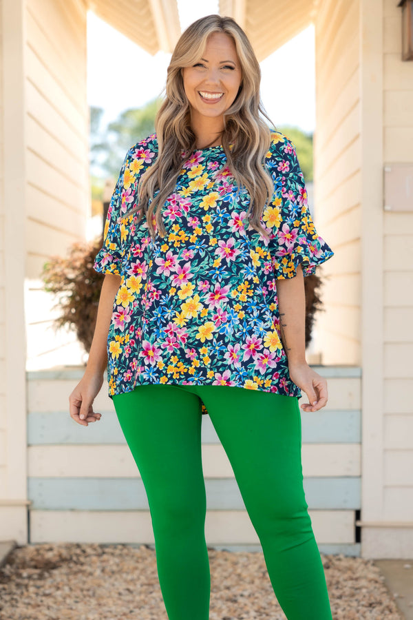 Chic Soul plus size clothing, navy floral pattern top with ruffle sleeves
