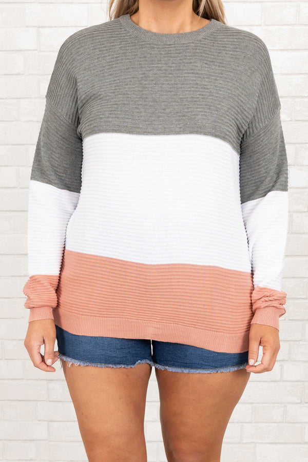 Chic Soul plus size clothing, pink gray and white colorblock knitted sweater