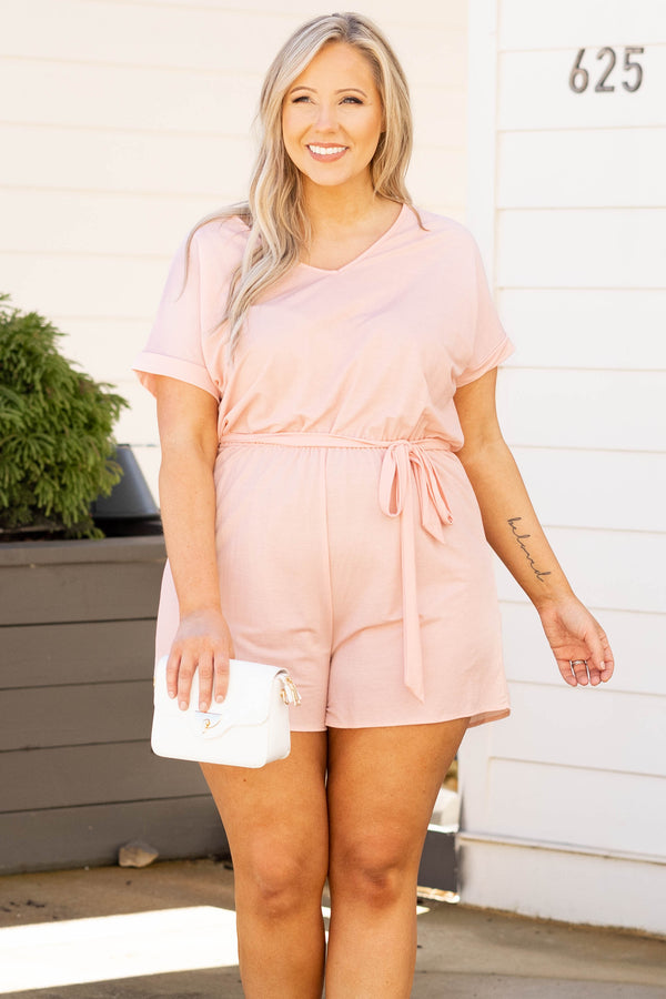 Chic Soul plus size clothing, blush v neck short sleeve belted casual romper