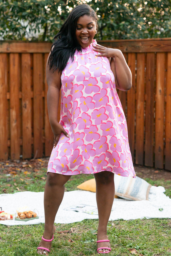 Chic Soul plus size clothing, magenta colored flower patterned dress with a halter neck