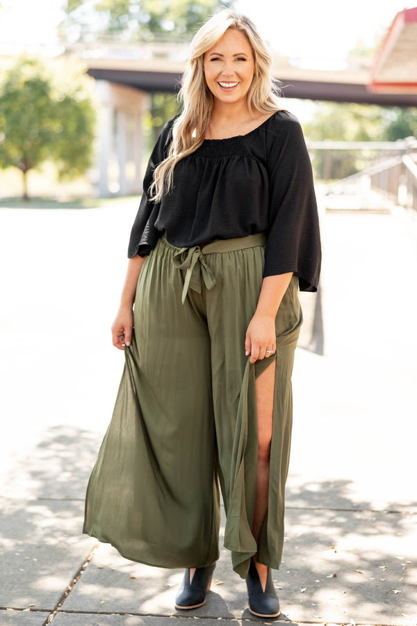 Chic Soul plus size clothing, olive solid flowy pants