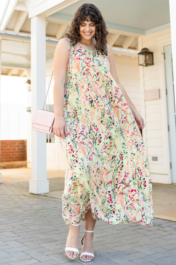 Chic Soul plus size clothing, cream multi color floral pattern tank maxi dress