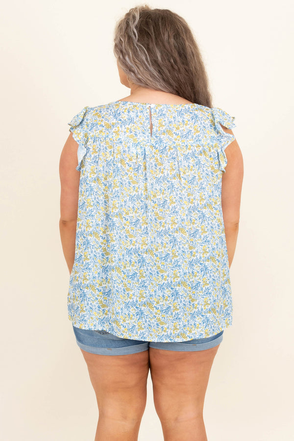 Chic Soul plus size clothing, blue floral short flutter sleeve tank top