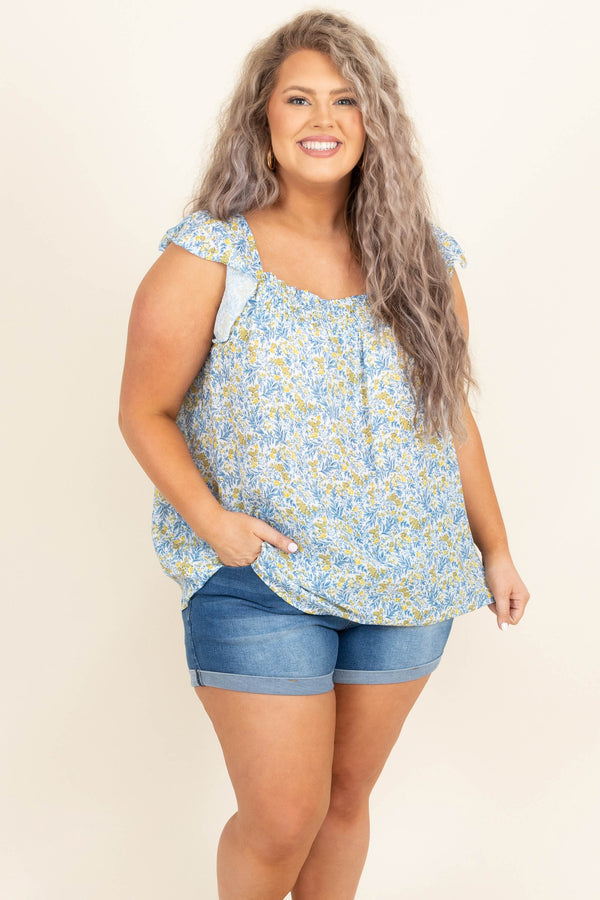 Chic Soul plus size clothing, blue floral short flutter sleeve tank top