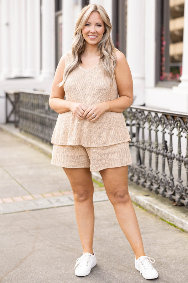 Chic Soul plus size clothing, natural tan colored knit shorts with tie strings