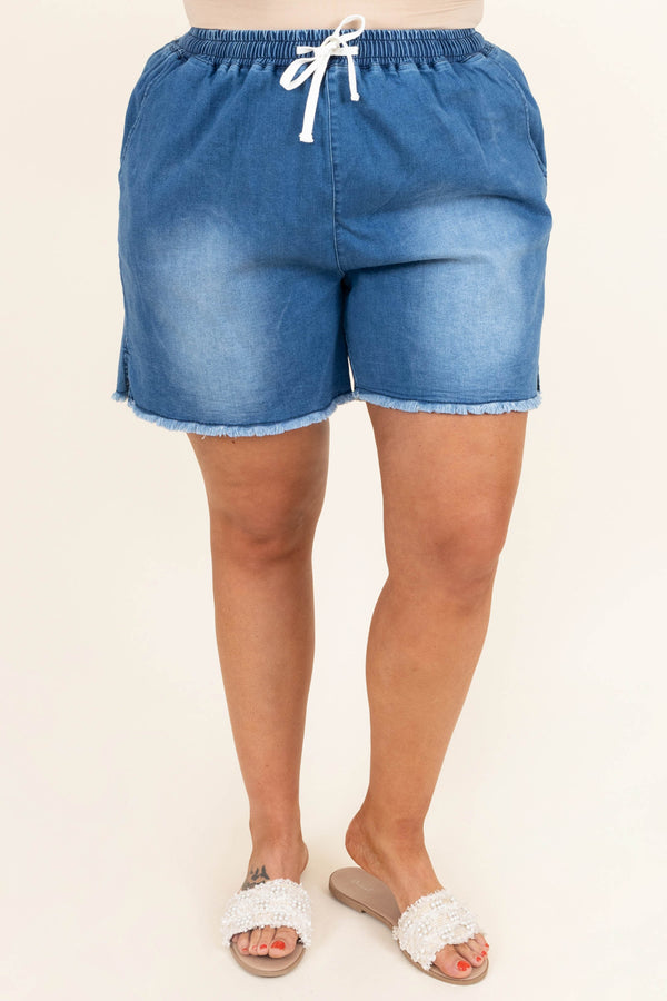 Chic Soul plus size clothing, elastic waistband  medium blue wash shorts