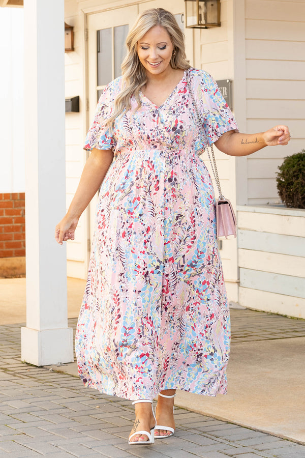 Chic Soul plus size clothing, mauve multicolor v neck short bell sleeve maxi dress