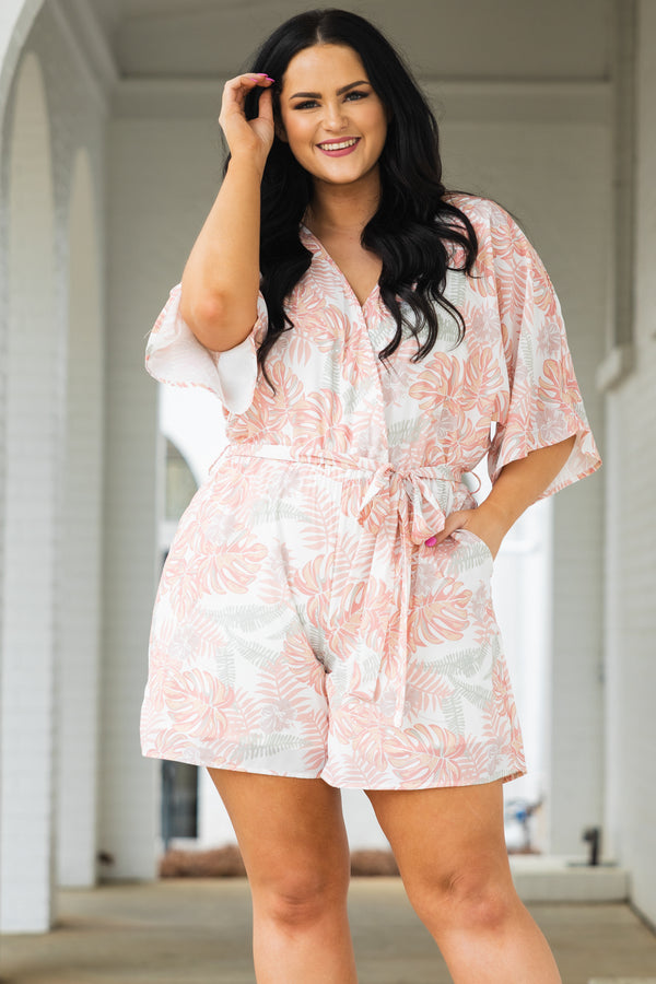Chic Soul plus size clothing, peach and grey leaf pattern romper with criss cross neckline