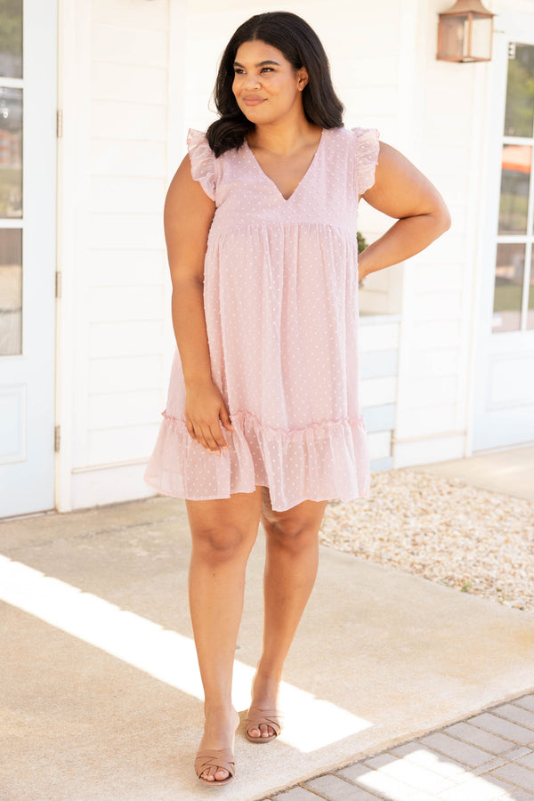 Chic Soul plus size clothing, mauve swiss dot style short flutter sleeve babydoll dress