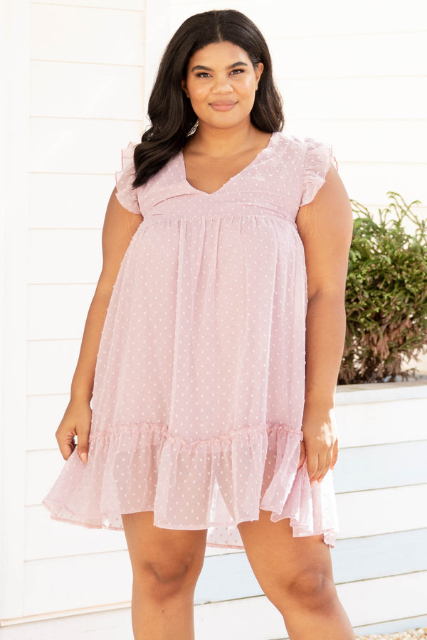 Chic Soul plus size clothing, mauve swiss dot style short flutter sleeve babydoll dress