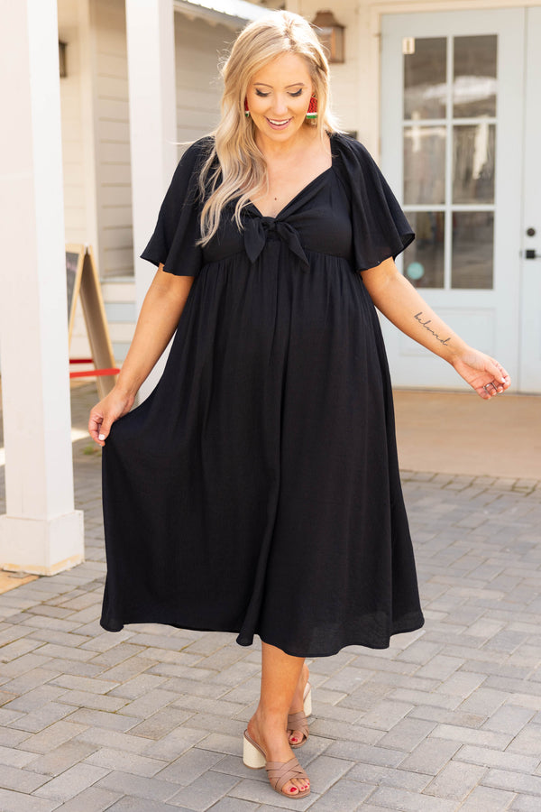 Chic Soul plus size clothing, black v neck bow short flutter sleeve casual maxi dress