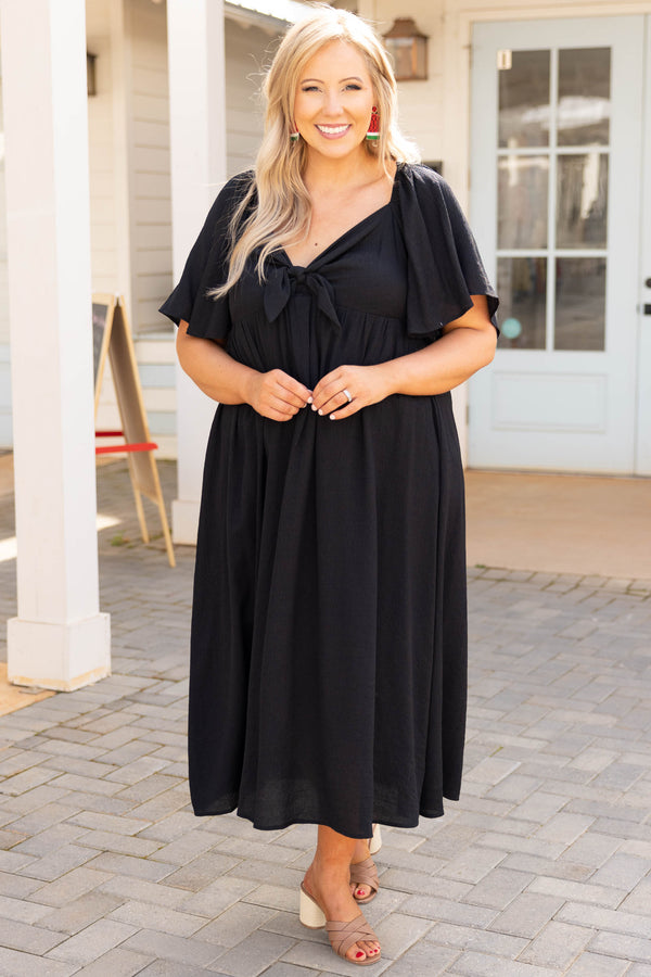 Chic Soul plus size clothing, black v neck bow short flutter sleeve casual maxi dress